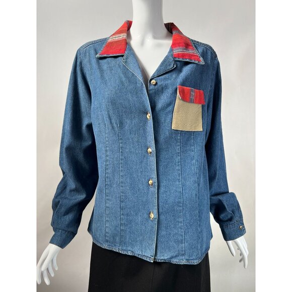 Vintage Denim Shirt With Red Plaid Collar & Pocket Button-Up Size M/L By Thoma 1 - Picture 6 of 16